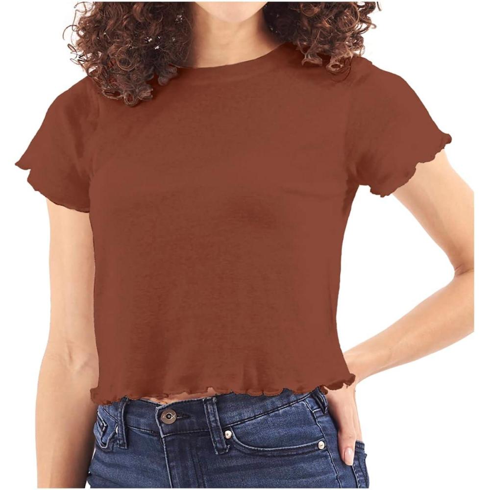 imageWomens Lettuce Edge Crop Top Junior Ruffle Trim Crewneck TShirtChocolate