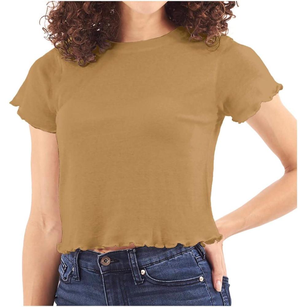 imageWomens Lettuce Edge Crop Top Junior Ruffle Trim Crewneck TShirtOatmeal