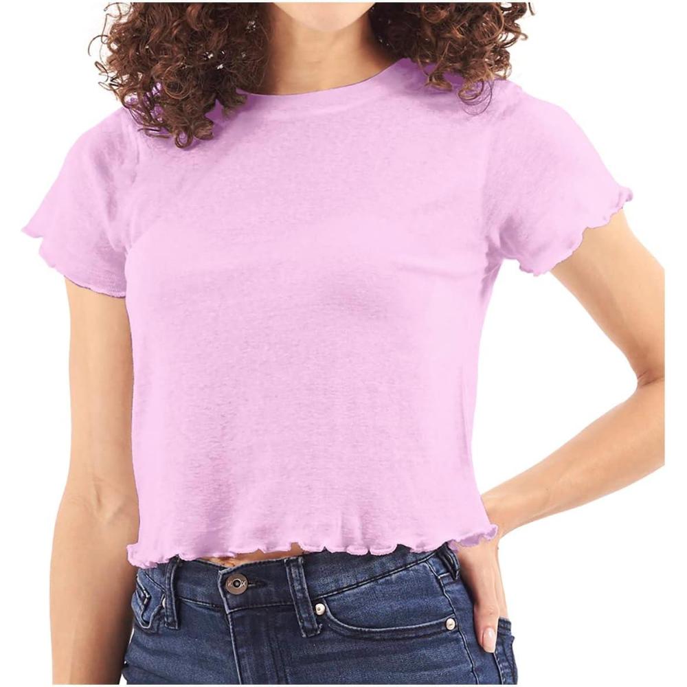 imageWomens Lettuce Edge Crop Top Junior Ruffle Trim Crewneck TShirtOrchid