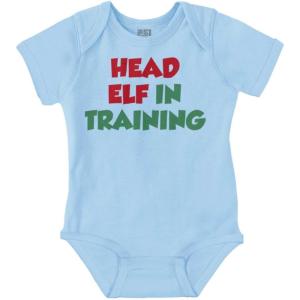 Brisco Brands Christmas Head Elf In Training Baby Romper Boys or Girls(Light Blue)