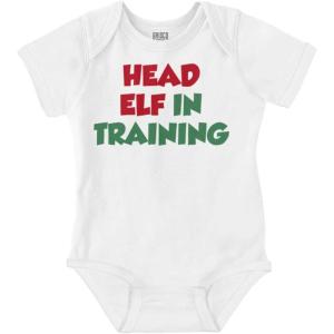 Brisco Brands Christmas Head Elf In Training Baby Romper Boys or Girls(White)
