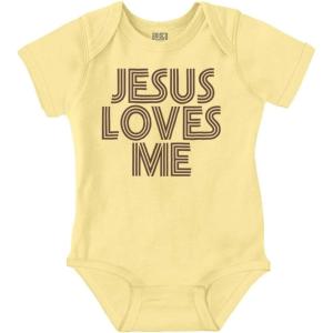 Brisco Brands Jesus Loves Me Retro Christian Baby Romper Boys or Girls(Banana)