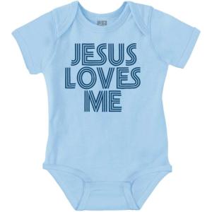 Brisco Brands Jesus Loves Me Retro Christian Baby Romper Boys or Girls(Light Blue)