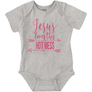 Brisco Brands Jesus Loves this Hot Mess Funny Baby Bodysuit Jumper Girls(Heather)