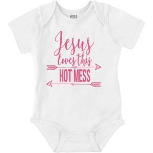 Brisco Brands Jesus Loves this Hot Mess Funny Baby Bodysuit Jumper Girls(White)