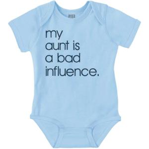 Brisco Brands My Aunt is a Bad Influence Funny Cute Baby Romper Boys or Girls(Light Blue)