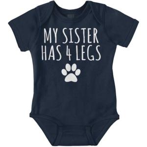 Brisco Brands My Sister Has 4 Legs Paw Print Baby Romper Boys or Girls(Navy)
