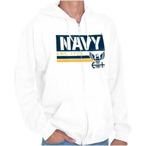 Brisco Brands US Navy Est 1775 Eagle Anchor Symbol Zip Up Hoodie Mens Womens(White)