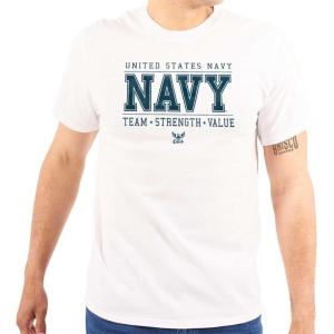 Brisco Brands US Navy Logo Team Strength Value Graphic T Shirt Men or Women(White)