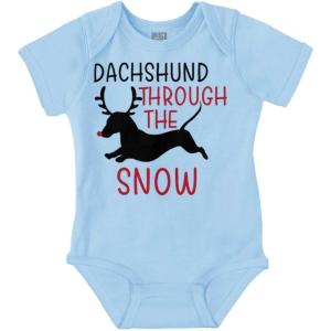 Brisco Brands Xmas Dachshund Through The Snow Baby Romper Boys or Girls(Light Blue)