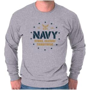 US Navy Anchor Logo Honor Courage Long Sleeve Tshirt Men Women(Sport Grey)