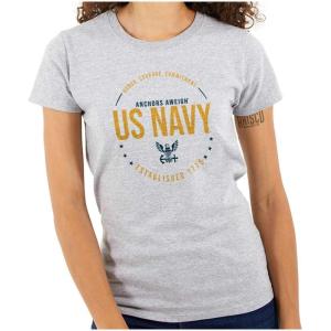 US Navy Logo Anchors Aweigh Est 1775 Womens Slim Fit Graphic Tee(Sport Grey)