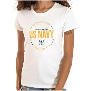 US Navy Logo Anchors Aweigh Est 1775 Womens Slim Fit Graphic Tee(White)