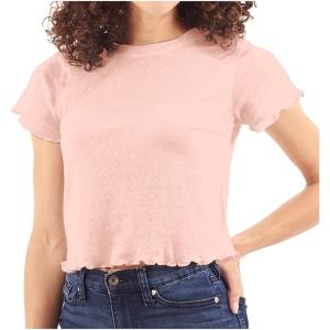 Womens Lettuce Edge Crop Top Junior Ruffle Trim Crewneck T-Shirt(Blush)