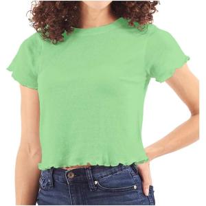 Womens Lettuce Edge Crop Top Junior Ruffle Trim Crewneck T-Shirt(Mint Green)