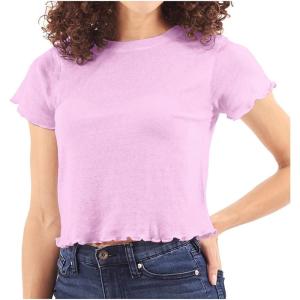 Womens Lettuce Edge Crop Top Junior Ruffle Trim Crewneck T-Shirt(Orchid)