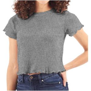 Womens Lettuce Edge Crop Top Junior Ruffle Trim Crewneck T-Shirt(Sport Grey)