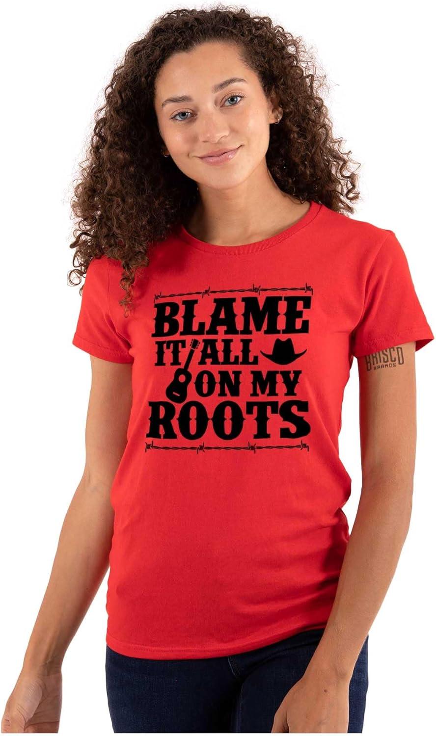 imageBlame It On My Roots Country Music Womens Slim Fit Graphic TeeRed