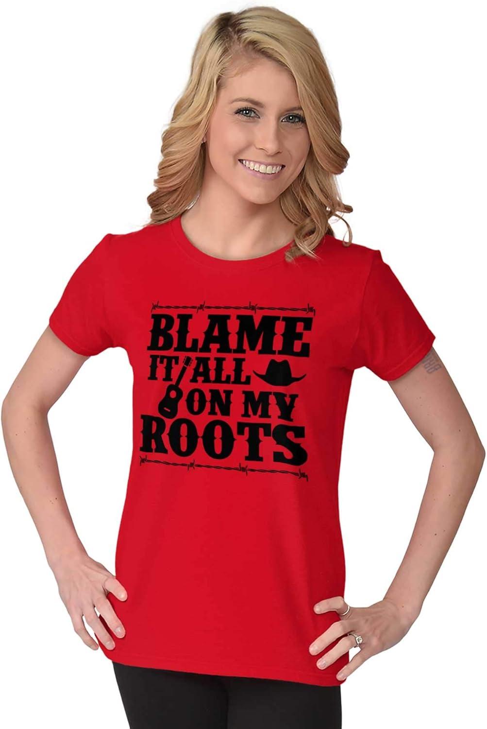 imageBlame It On My Roots Country Music Womens Slim Fit Graphic TeeRed