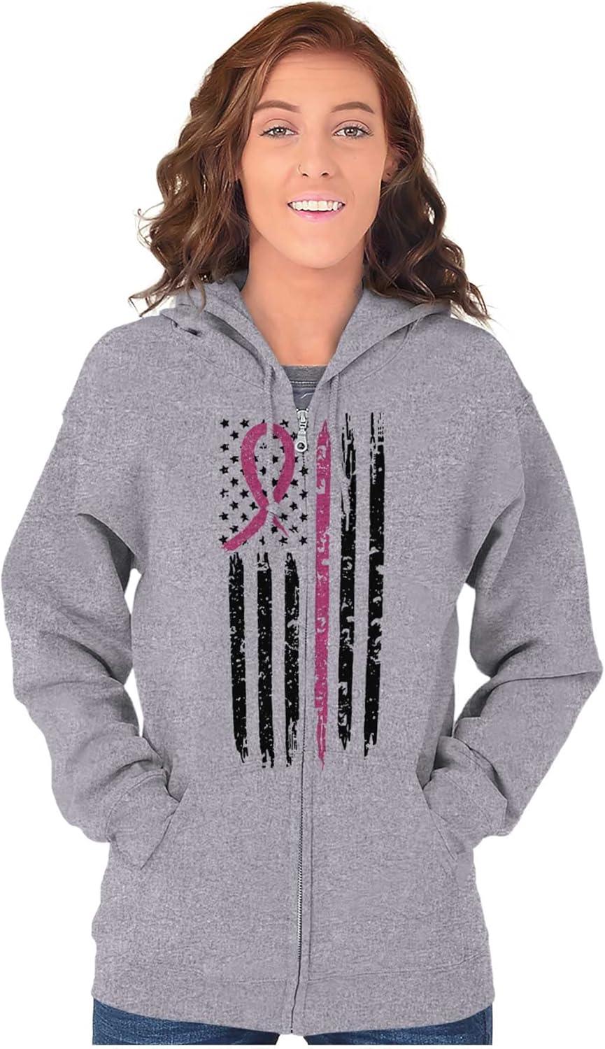 imageBreast Cancer Pink Line American Flag Zip Up Hoodie Mens WomensSport Grey
