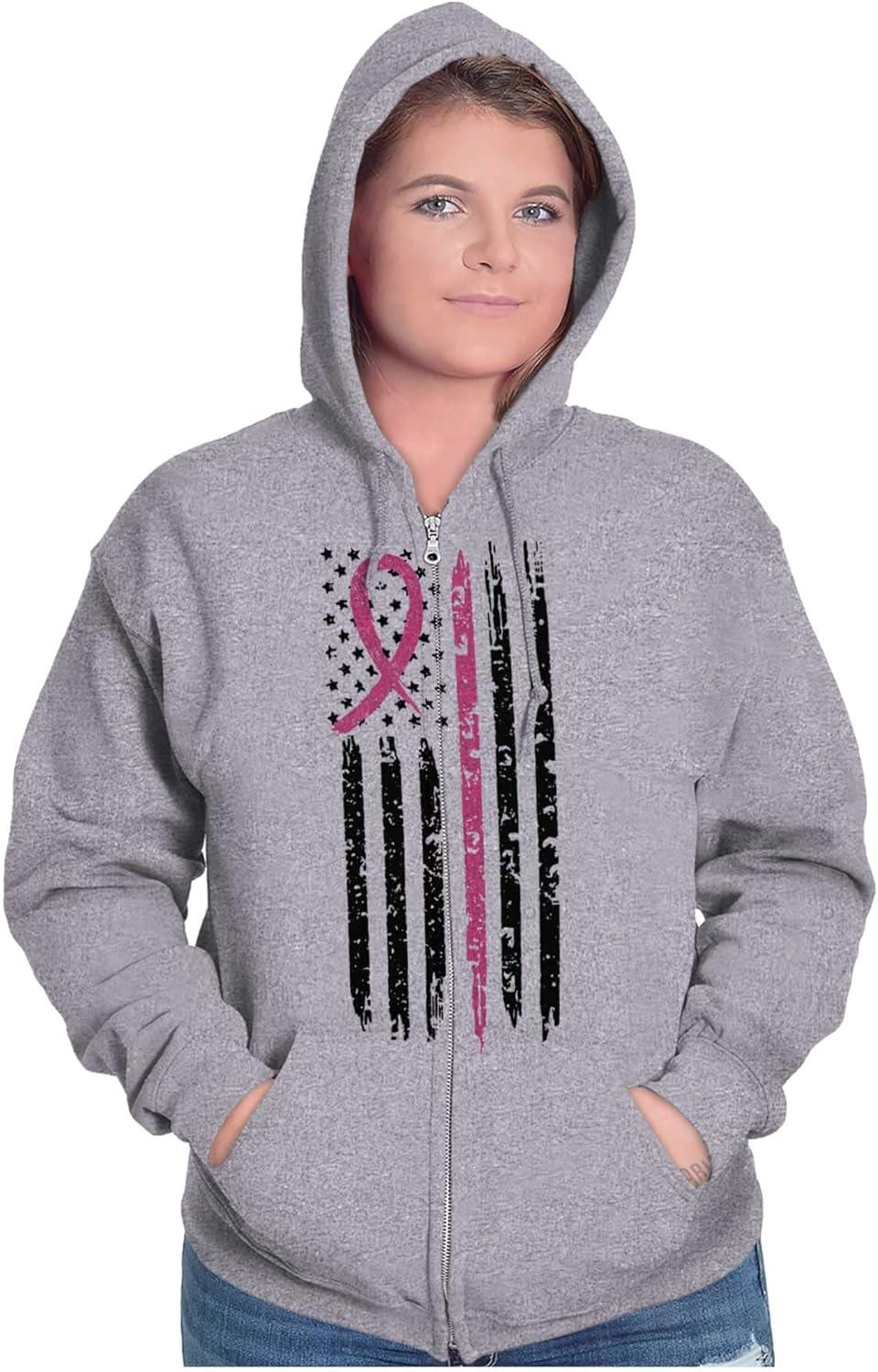 imageBreast Cancer Pink Line American Flag Zip Up Hoodie Mens WomensSport Grey