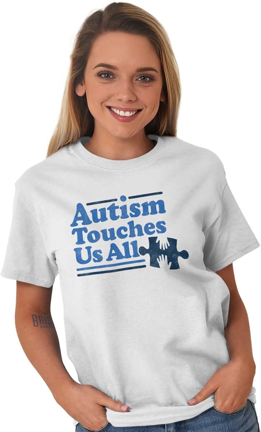 imageBrisco Brands Autism Touches Us All Puzzle Piece Graphic T Shirt Men or WomenWhite