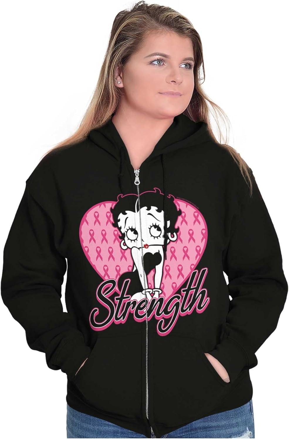 imageBrisco Brands Betty Boop Breast Cancer Strength Zip Hoodie Sweatshirt Women