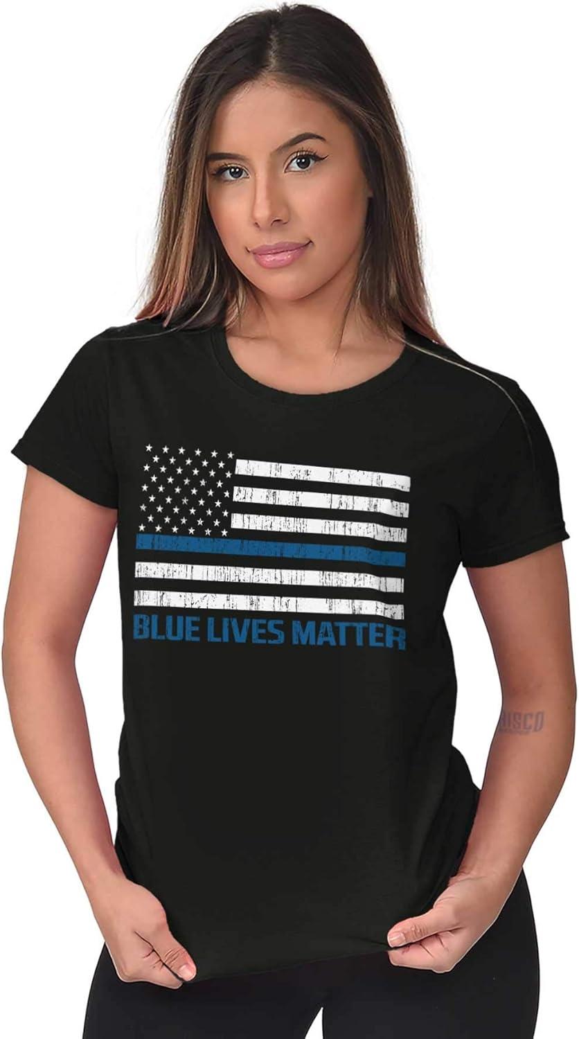imageBrisco Brands Blue Line American Flag Support Womens Slim Fit Graphic TeeBlack