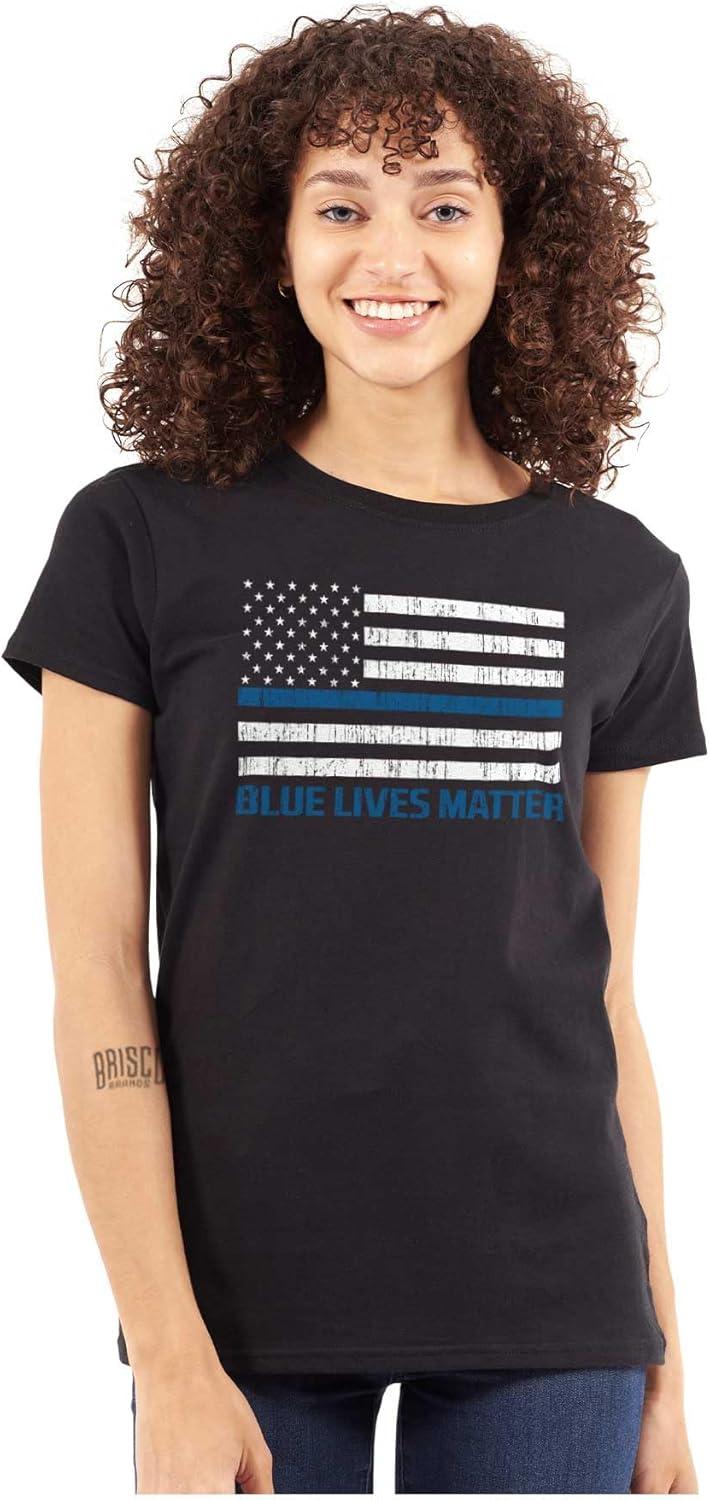 imageBrisco Brands Blue Line American Flag Support Womens Slim Fit Graphic TeeBlack