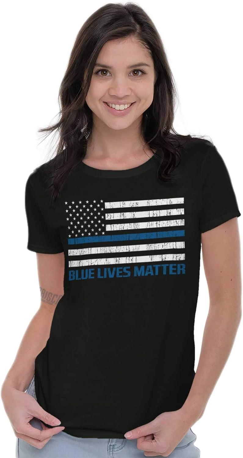 imageBrisco Brands Blue Line American Flag Support Womens Slim Fit Graphic TeeBlack