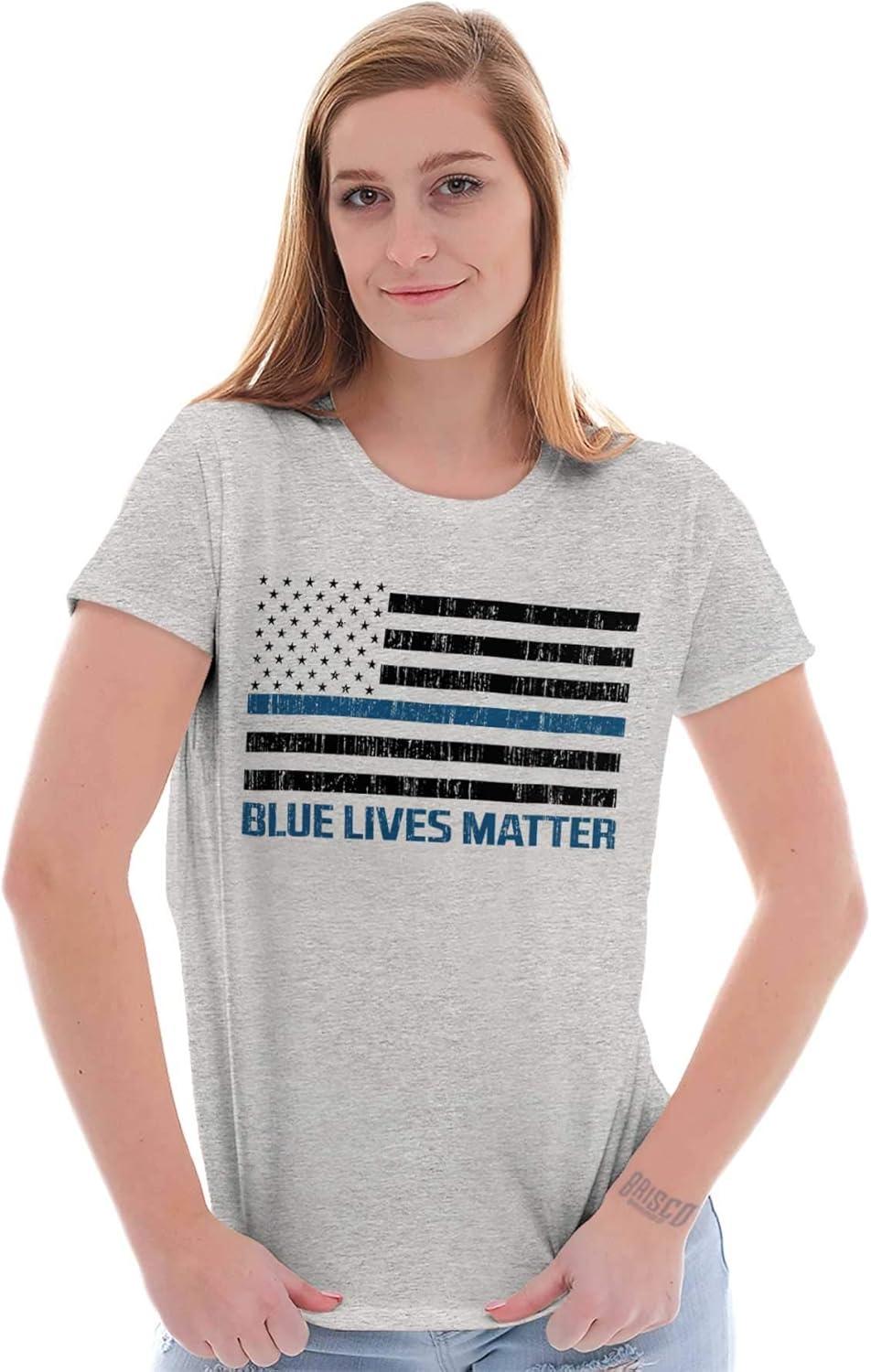imageBrisco Brands Blue Line American Flag Support Womens Slim Fit Graphic TeeSport Grey