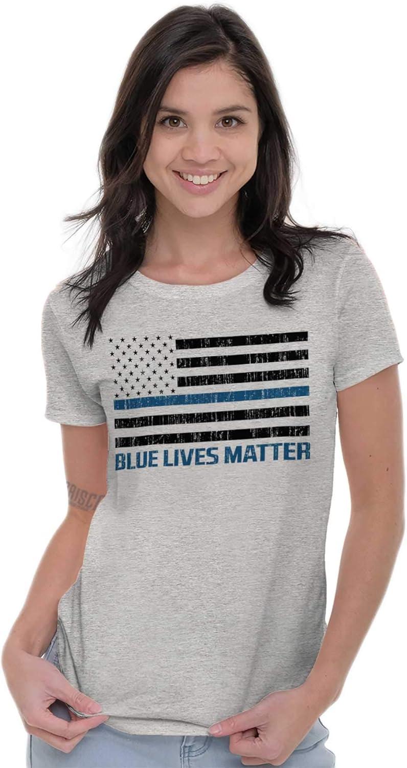 imageBrisco Brands Blue Line American Flag Support Womens Slim Fit Graphic TeeSport Grey