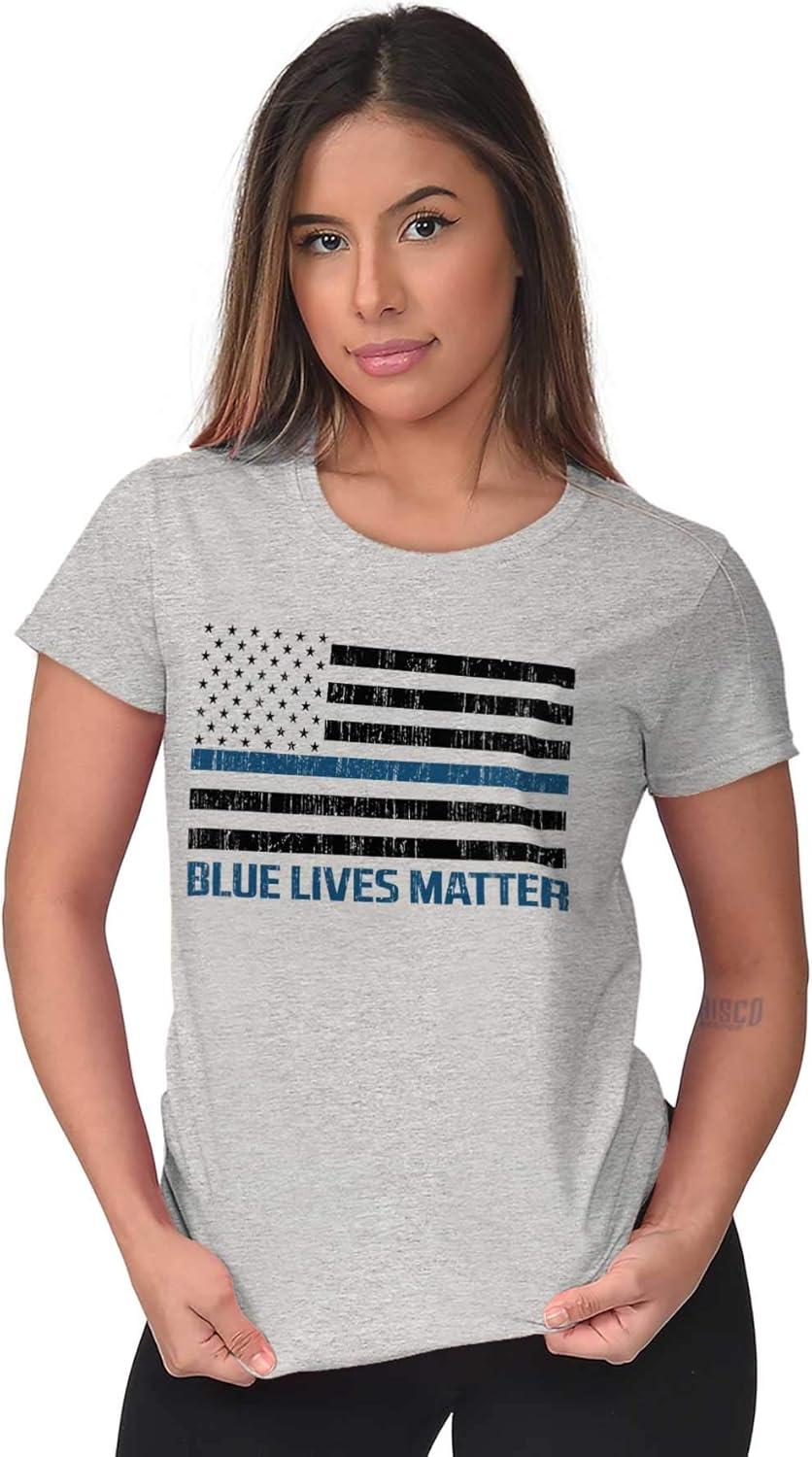 imageBrisco Brands Blue Line American Flag Support Womens Slim Fit Graphic TeeSport Grey