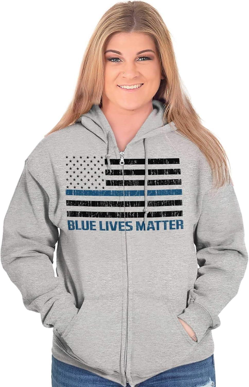 imageBrisco Brands Blue Line American Flag Support Zip Up Hoodie Mens WomensSport Grey