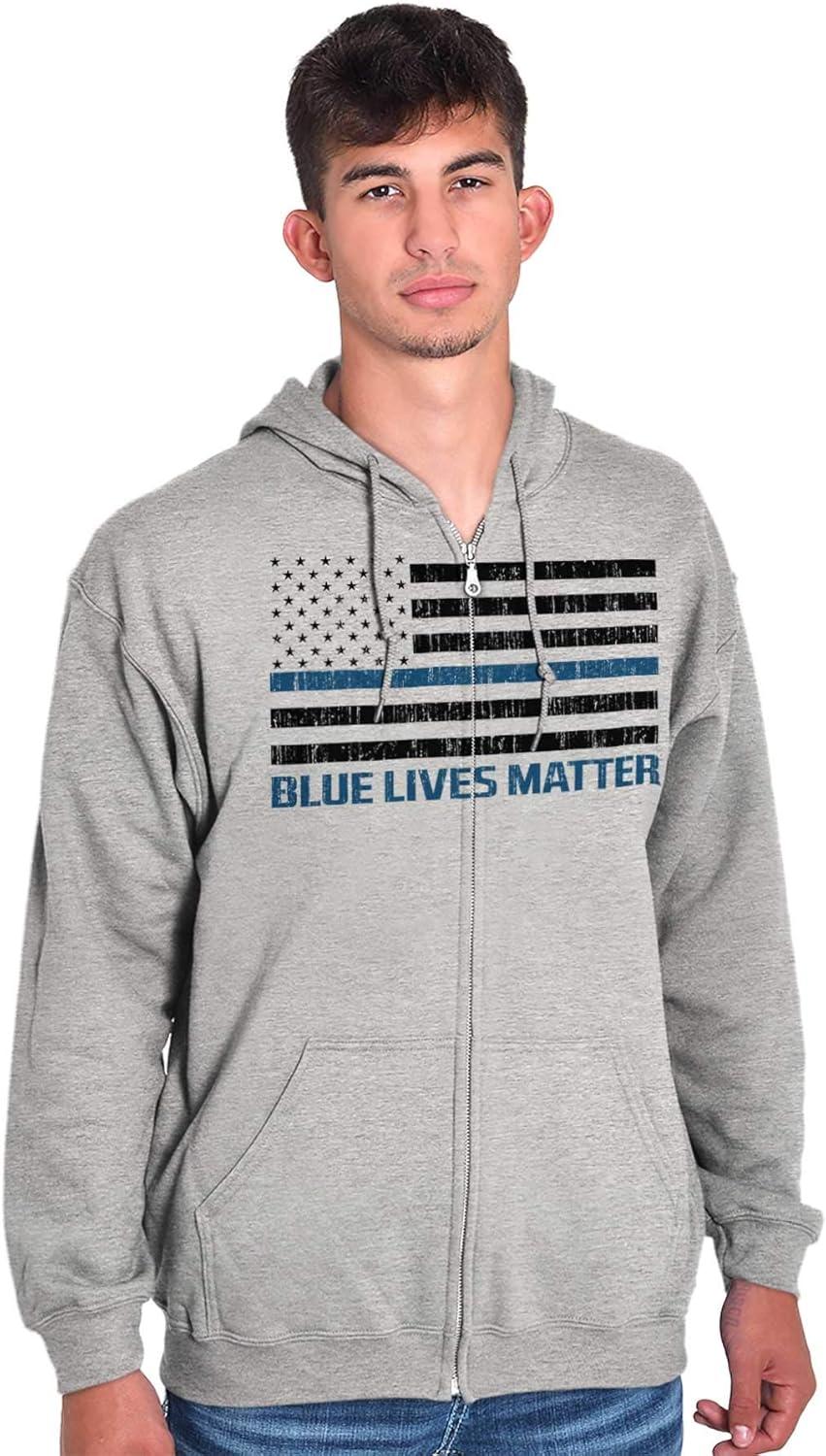 imageBrisco Brands Blue Line American Flag Support Zip Up Hoodie Mens WomensSport Grey