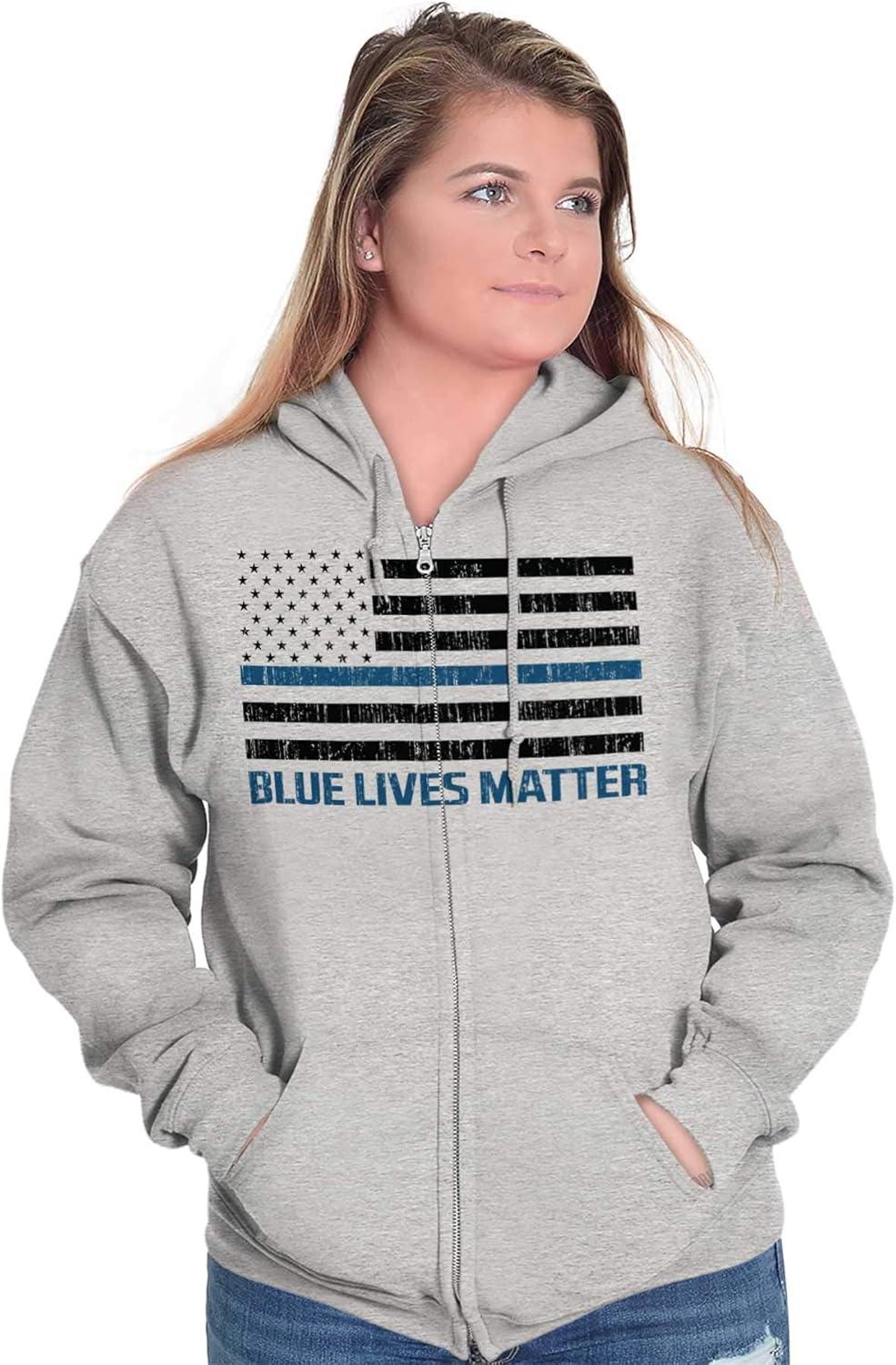 imageBrisco Brands Blue Line American Flag Support Zip Up Hoodie Mens WomensSport Grey