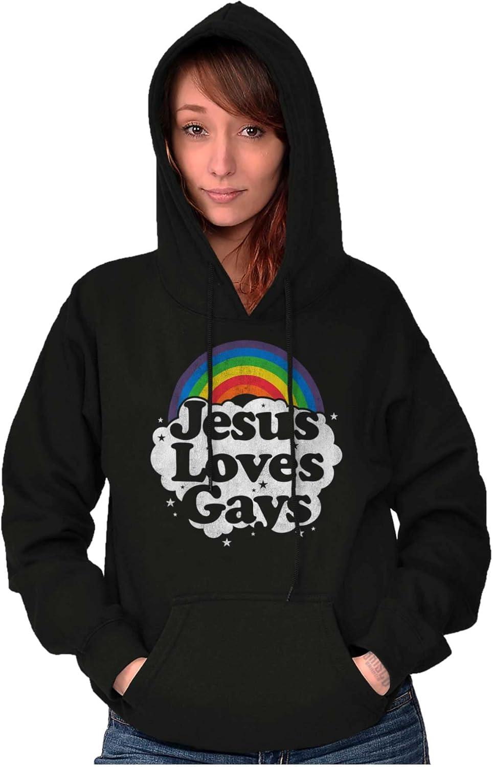 imageBrisco Brands Jesus Loves Gays Rainbow Retro Fun Hoodie Sweatshirt Women MenBlack