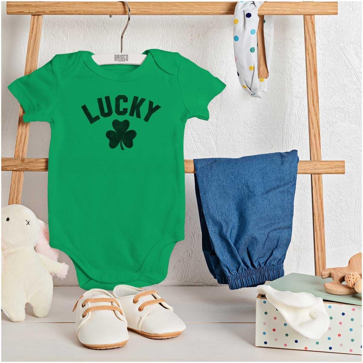 imageBrisco Brands Saint Patricks Day Lucky Shamrocks Baby Romper Boys or Girls