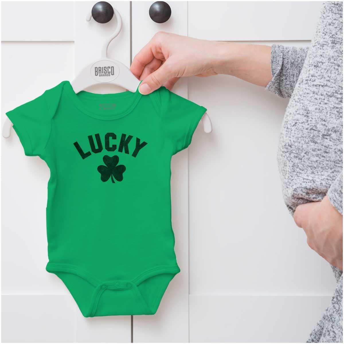 imageBrisco Brands Saint Patricks Day Lucky Shamrocks Baby Romper Boys or Girls