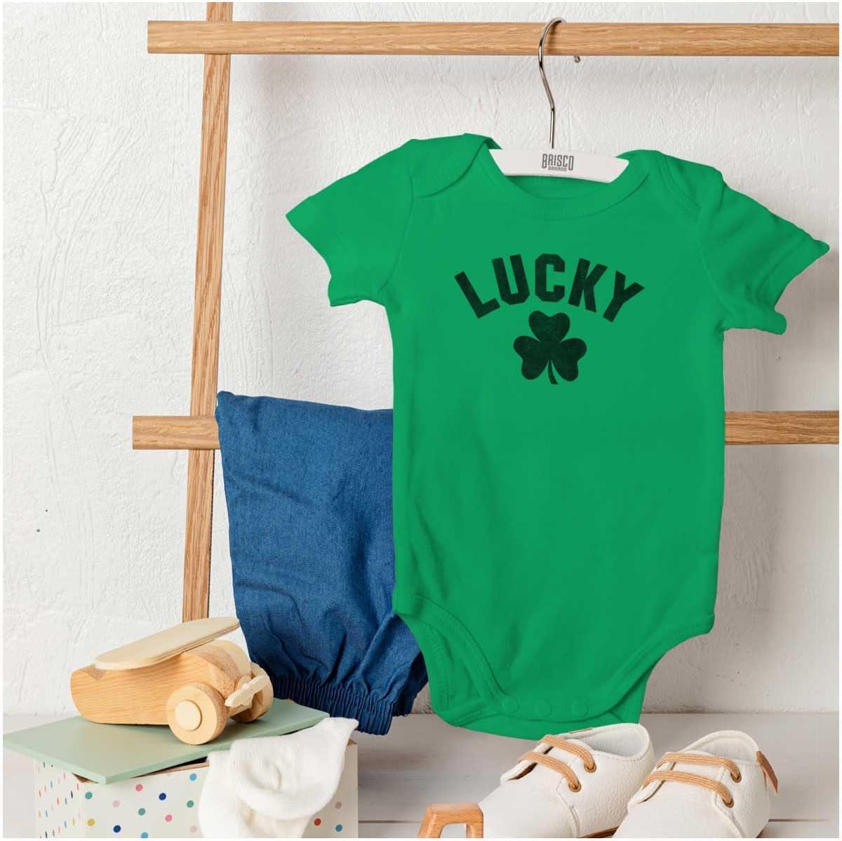 imageBrisco Brands Saint Patricks Day Lucky Shamrocks Baby Romper Boys or Girls