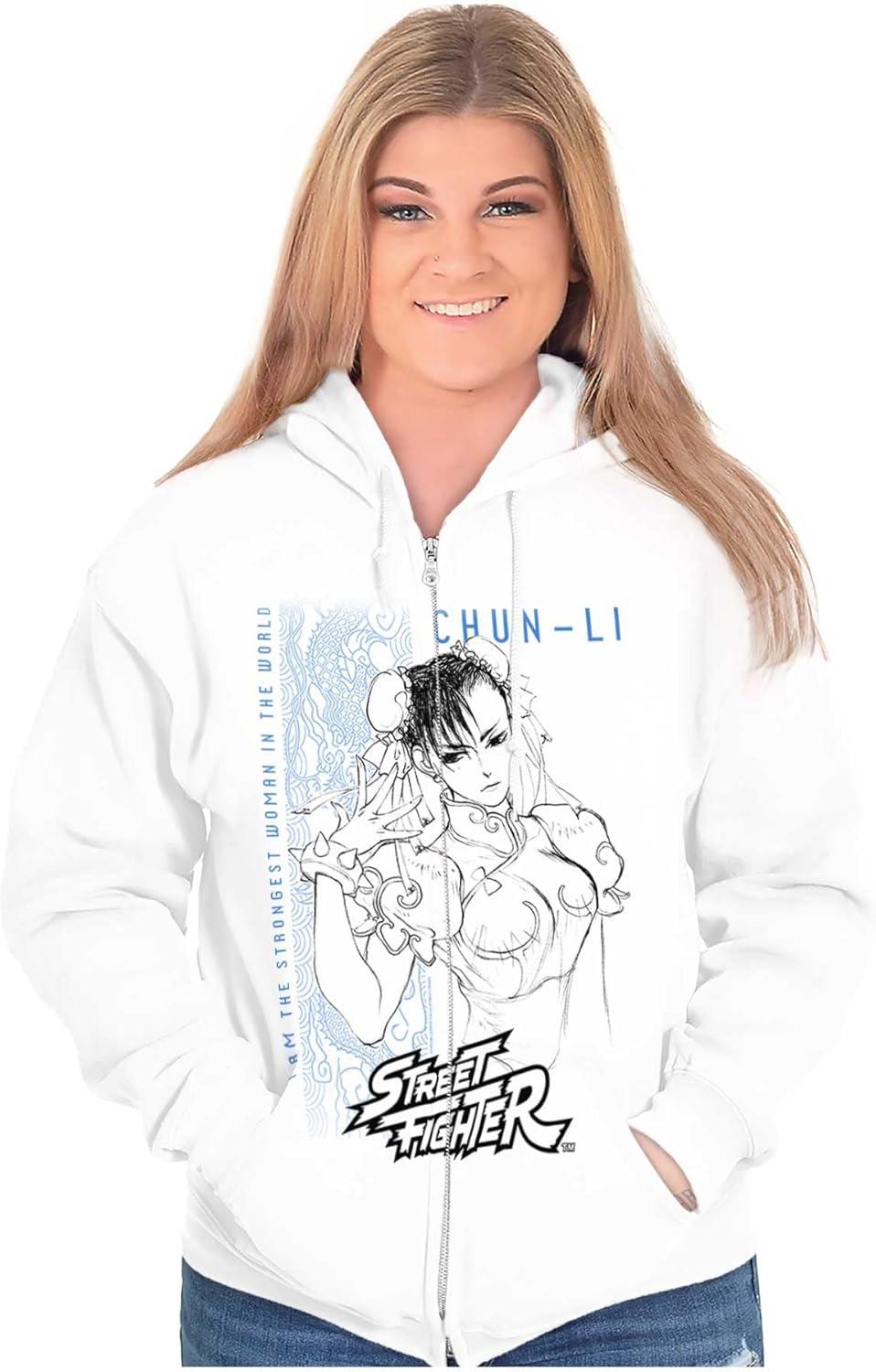 imageBrisco Brands Street Fighter ChunLi Strongest Zip Up Hoodie Mens WomensWhite