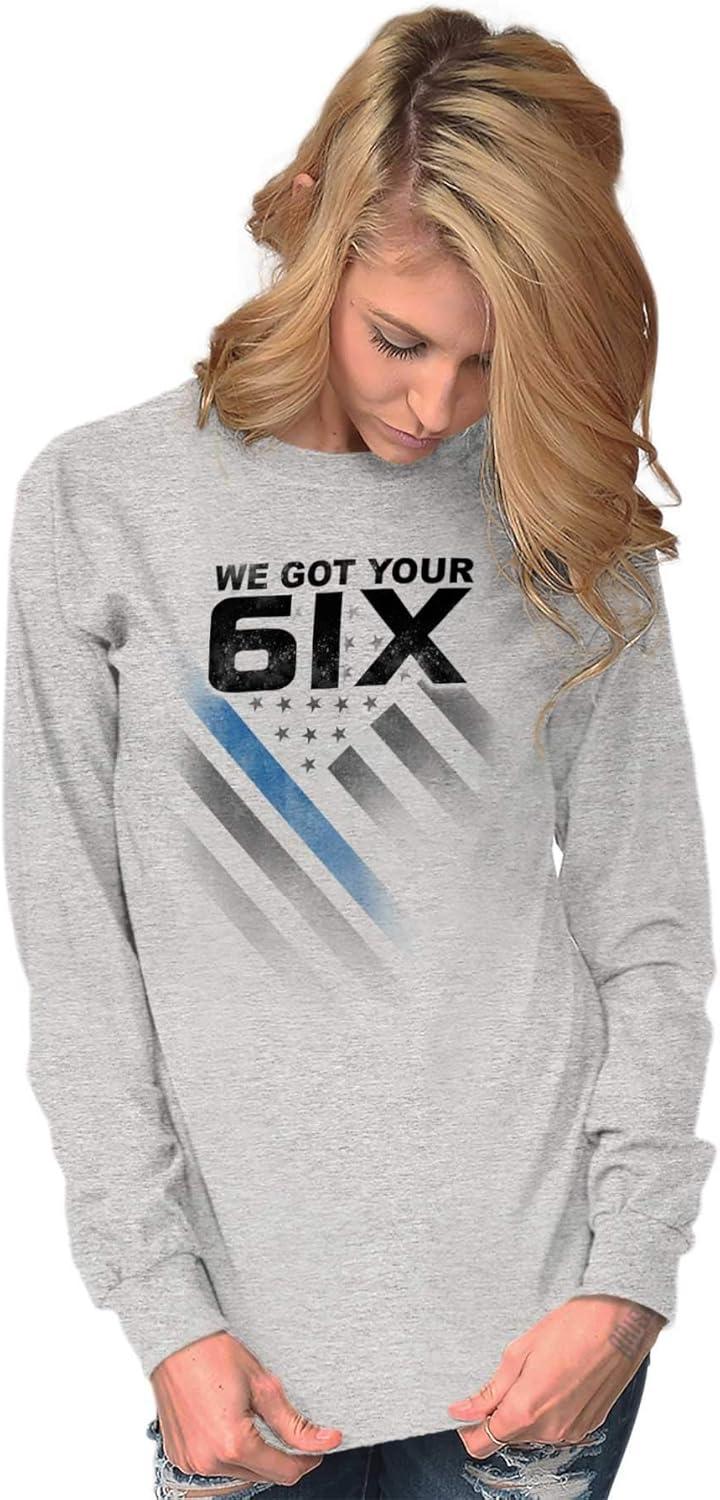 imageBrisco Brands We Got Your Six Blue Line USA Flag Long Sleeve Tshirt Men WomenSport Grey