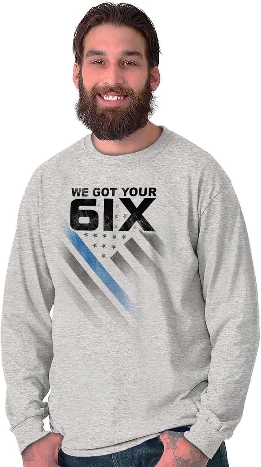 imageBrisco Brands We Got Your Six Blue Line USA Flag Long Sleeve Tshirt Men WomenSport Grey