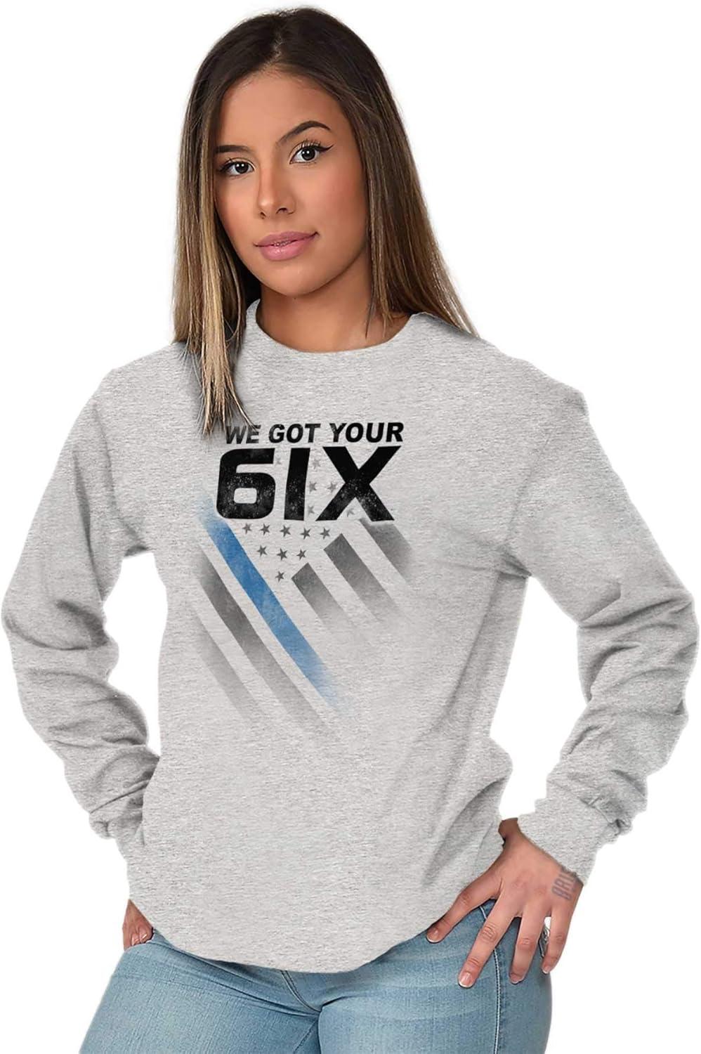 imageBrisco Brands We Got Your Six Blue Line USA Flag Long Sleeve Tshirt Men WomenSport Grey