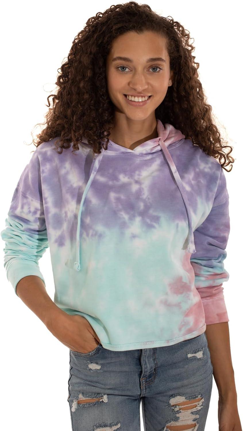 imageBrisco Brands Womens Tie Dye Crop Hoodie Colorful Cloud Fleece Drawstring Hooded Pullover SweatshirtSugar Rush