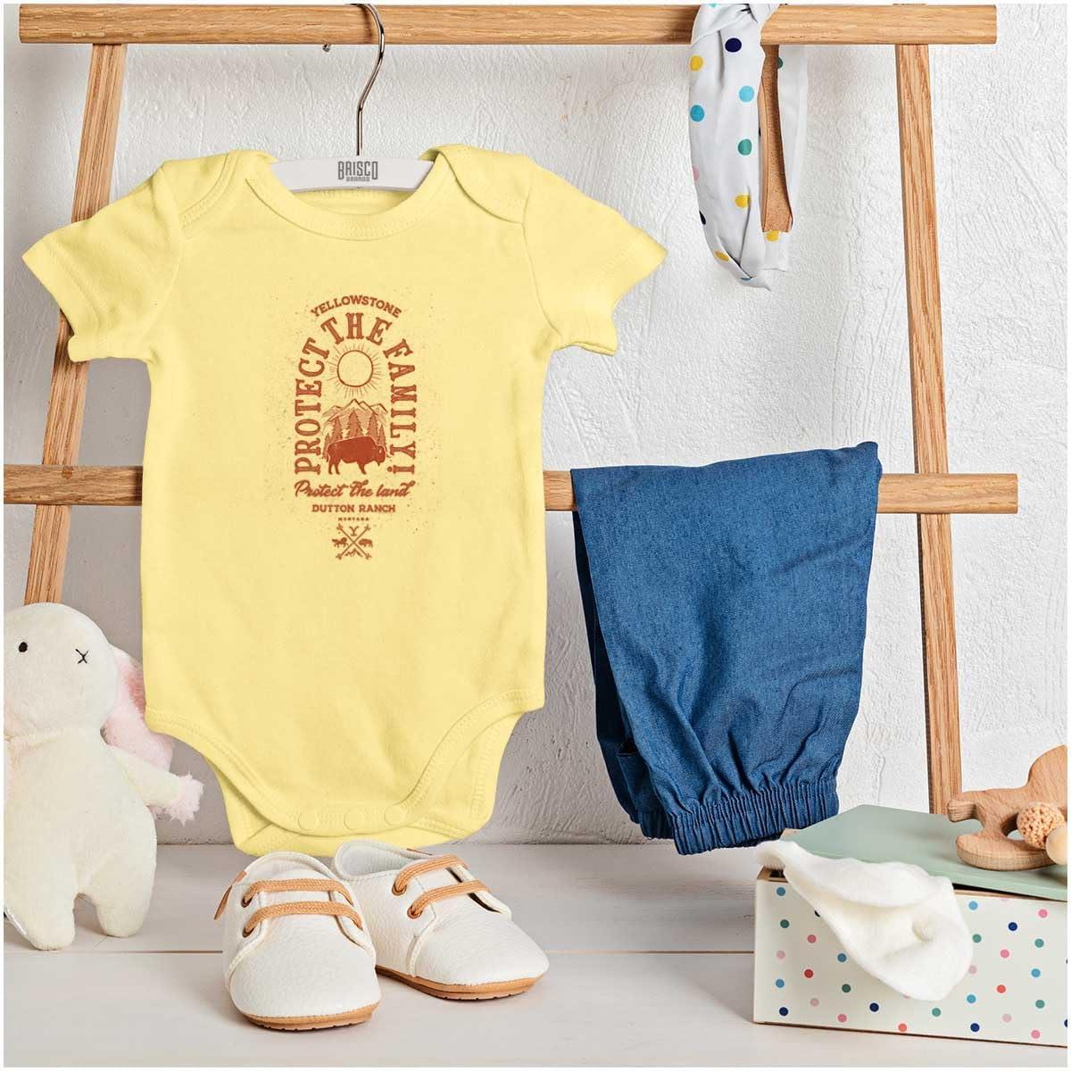 imageBrisco Brands Yellowstone Protect the Land Buffalo Baby Romper Boys or GirlsBanana