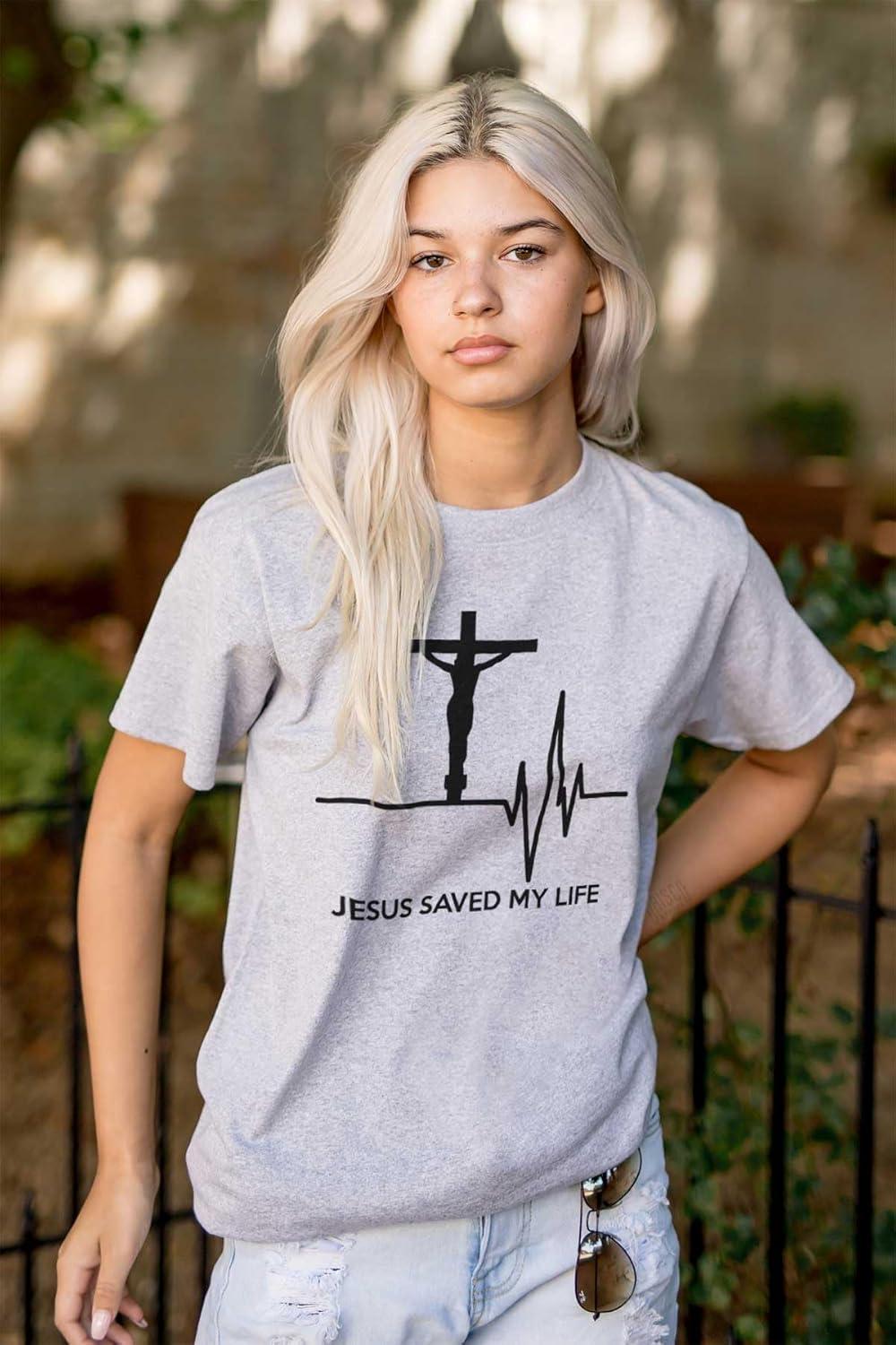 imageChristian Strong Jesus Saved My Life Crucifix Graphic T Shirt Men or WomenSport Grey