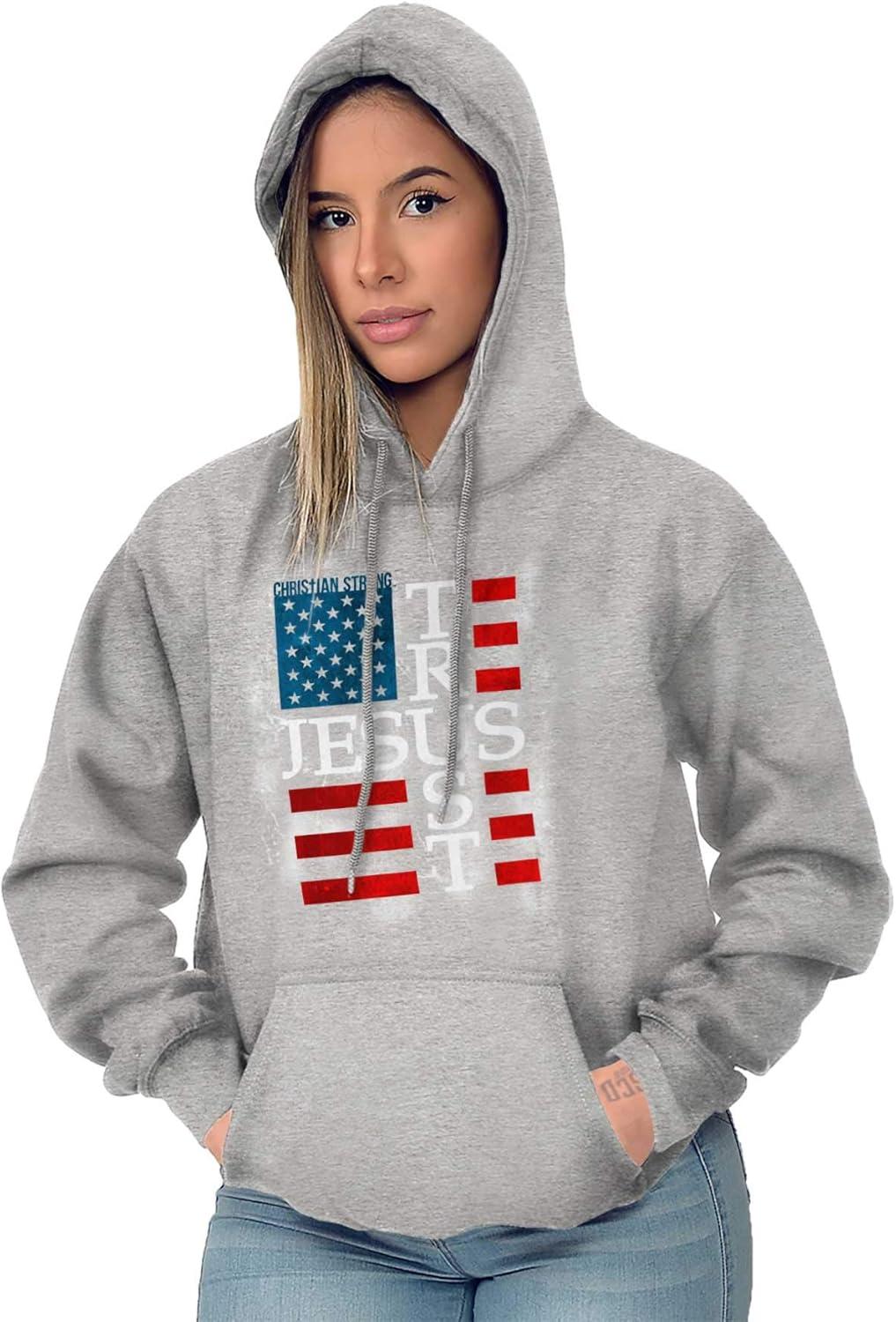 imageChristian Strong Trust Jesus USA American Flag Cross Hoodie Sweatshirt Women MenSport Grey