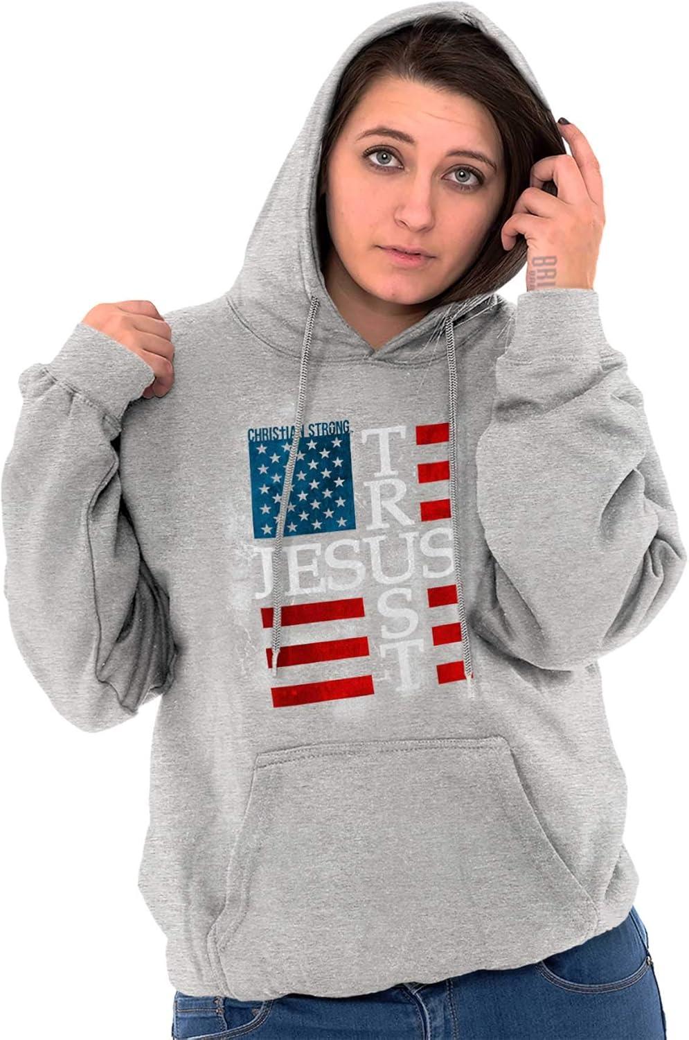 imageChristian Strong Trust Jesus USA American Flag Cross Hoodie Sweatshirt Women MenSport Grey