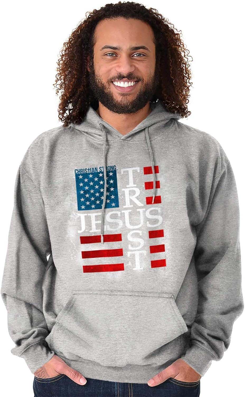 imageChristian Strong Trust Jesus USA American Flag Cross Hoodie Sweatshirt Women MenSport Grey